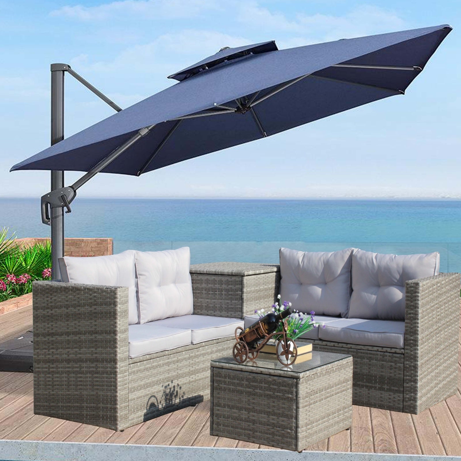 4Pc Patio Sectional Wicker Rattan Sofa Set W/Storage Box Grey - Outdoor Chilling