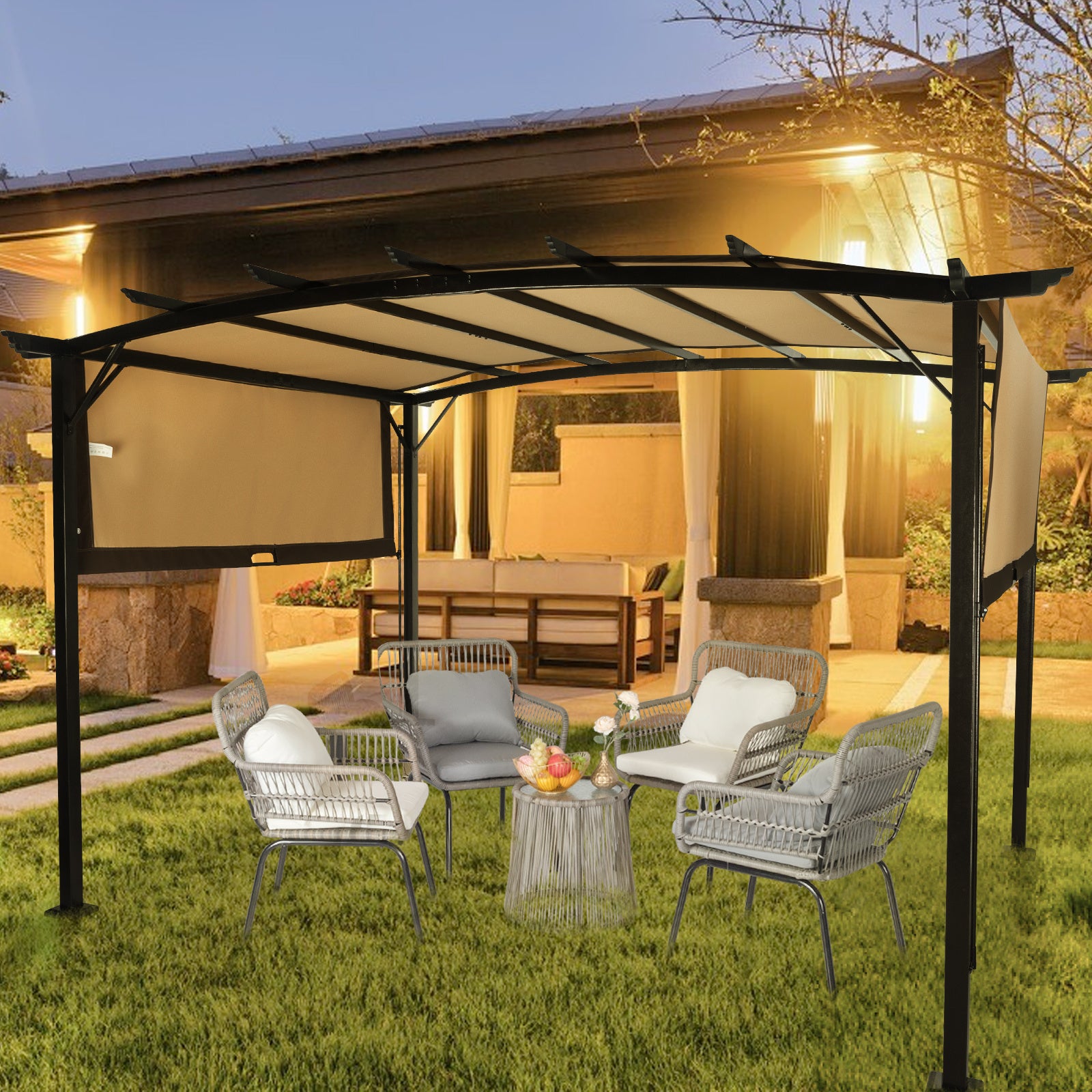 350x280x230.5cm Dark Brown Column, Brown Adjustable Shade Cloth, Curved Top, Folding Shed, Aluminum - Outdoor Chilling