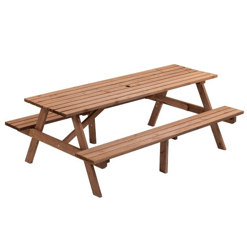 8 Person Brown Wooden Picnic Table, Outdoor Camping Dining Table With 2 Seats, Garden, DIY With 2 Built-in Benches, 2220lb Capacity - Outdoor Chilling