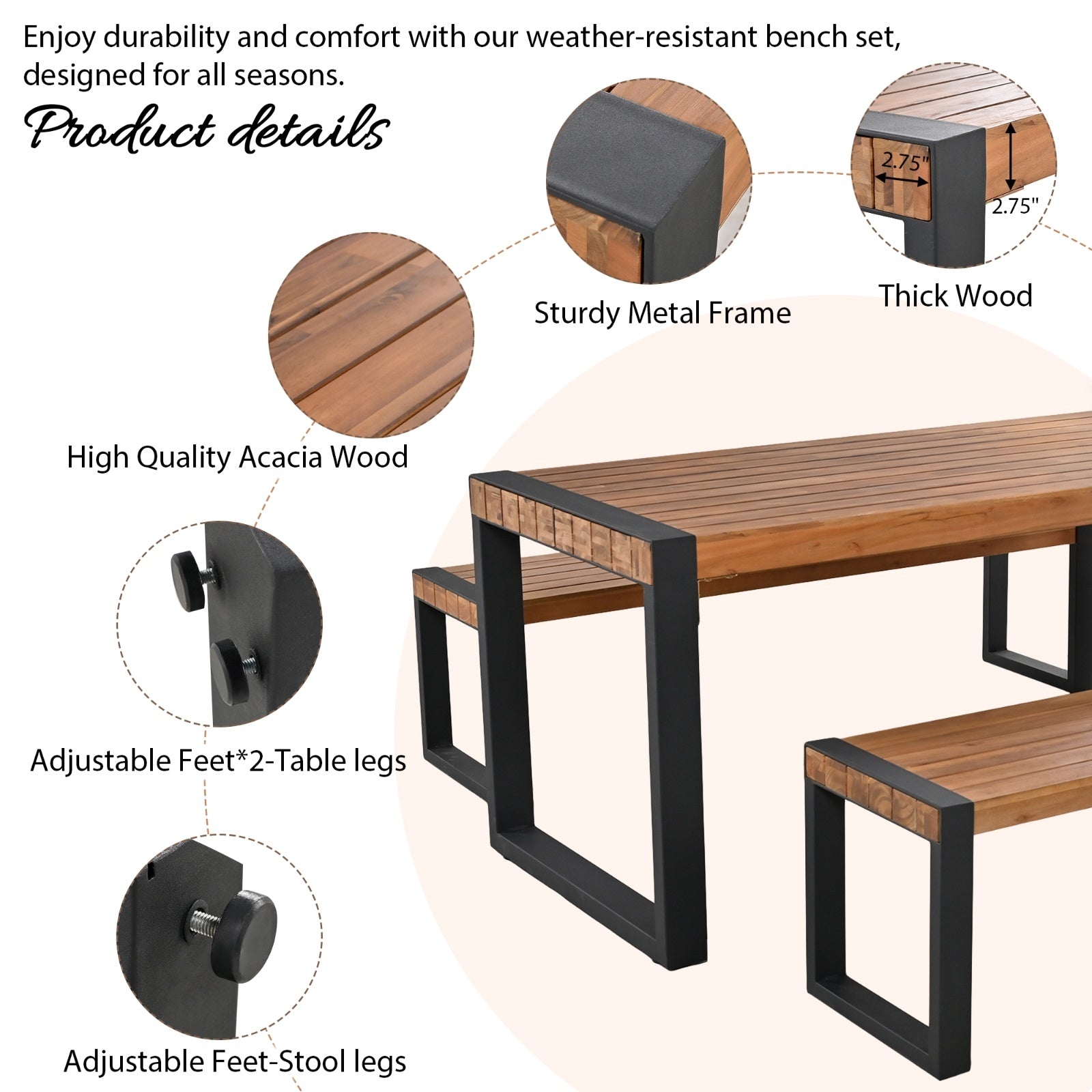 GO 3-pieces Outdoor Dining Table With 2 Benches, Patio Dining Set With Unique Top Texture, Acacia Wo - Outdoor Chilling