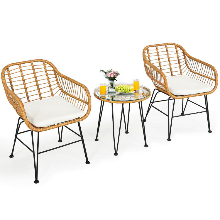 3 Pieces Rattan Furniture Set With Cushioned Chair Table - Outdoor Chilling