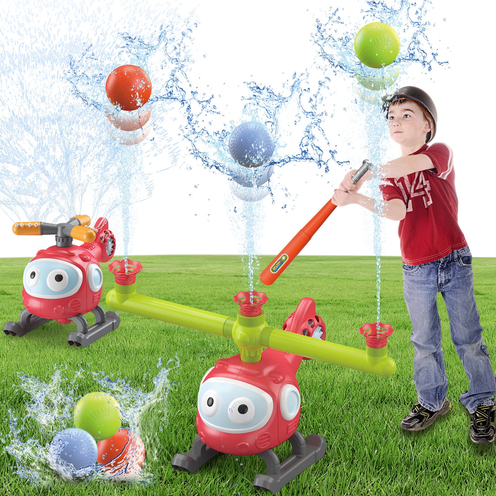 4 In 1 Water Sprinklers T Ball Set For Kids And Toddlers, Baseball Sprinkler For Backyard Helicopter Toy Outdoor Game, Attaches To Garden Hose Summer Yard Pool Water Toy - Outdoor Chilling