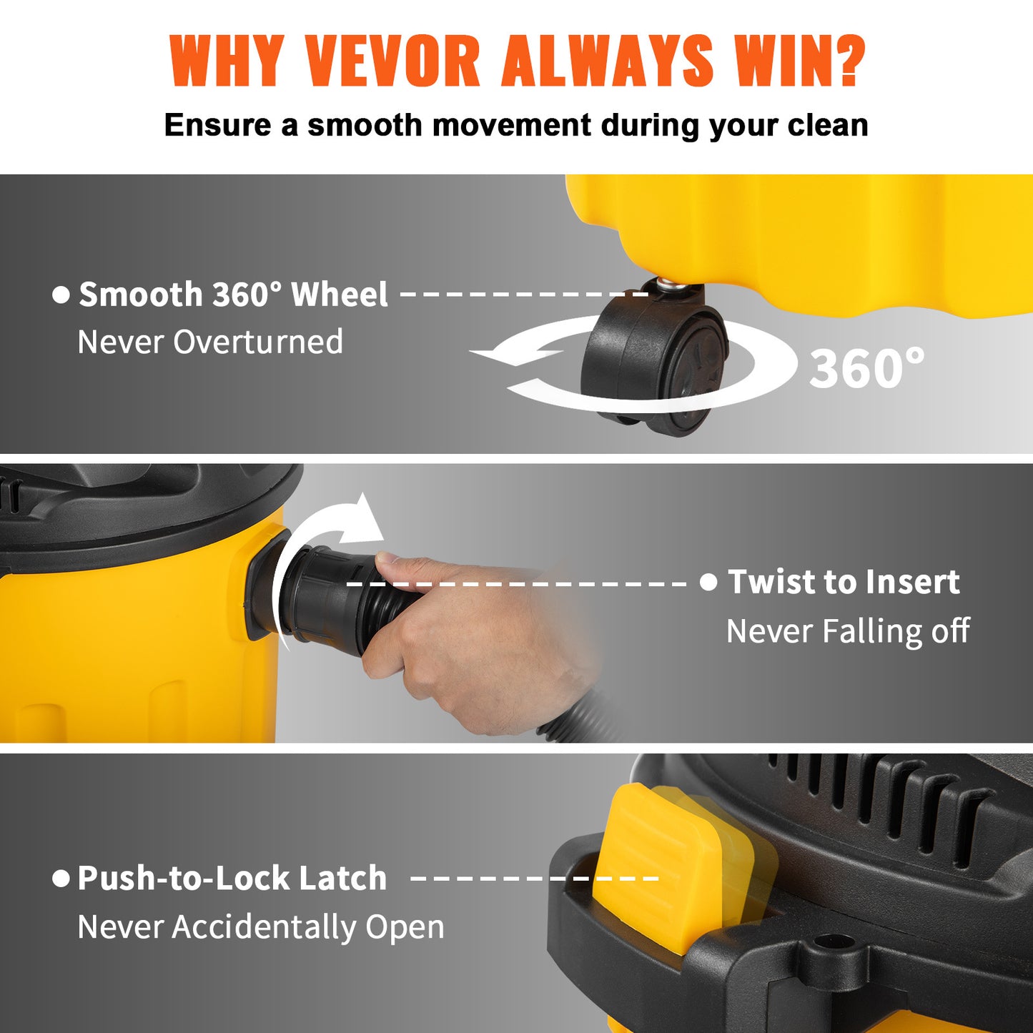 VEVOR Wet Dry Vac, 2.6 Gallon, 2.5 Peak HP, 3 In 1 Shop Vacuum With Blowing Function, Portable With Attachments To Clean Floor, Upholstery, Gap, Car, ETL Listed, Yellow - Outdoor Chilling