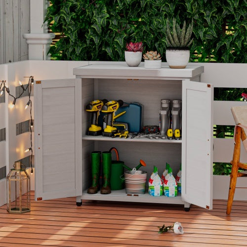 Potted Stool With Locker And Metal Tabletop For Outdoor Patio, Outdoor Workstation Table - Outdoor Chilling