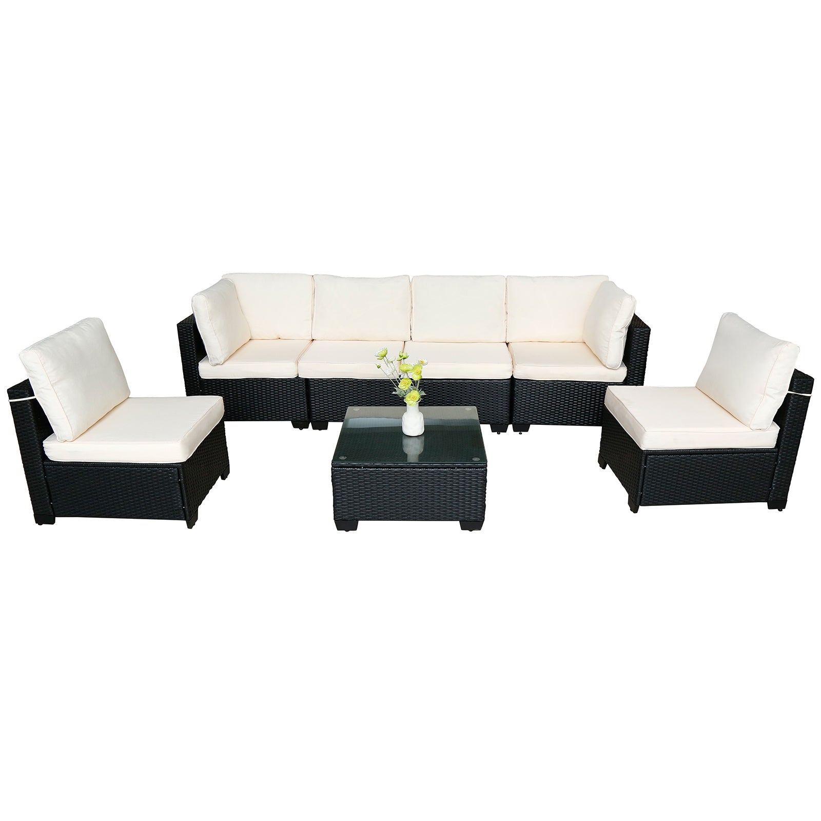 Hot Selling Seven-Piece Sofa Set Table With Sofa Chair Black PE Rattan Outdoor New Design Furniture 7-JH002 Box 3-1-2-3 With White Color Cushion - Outdoor Chilling