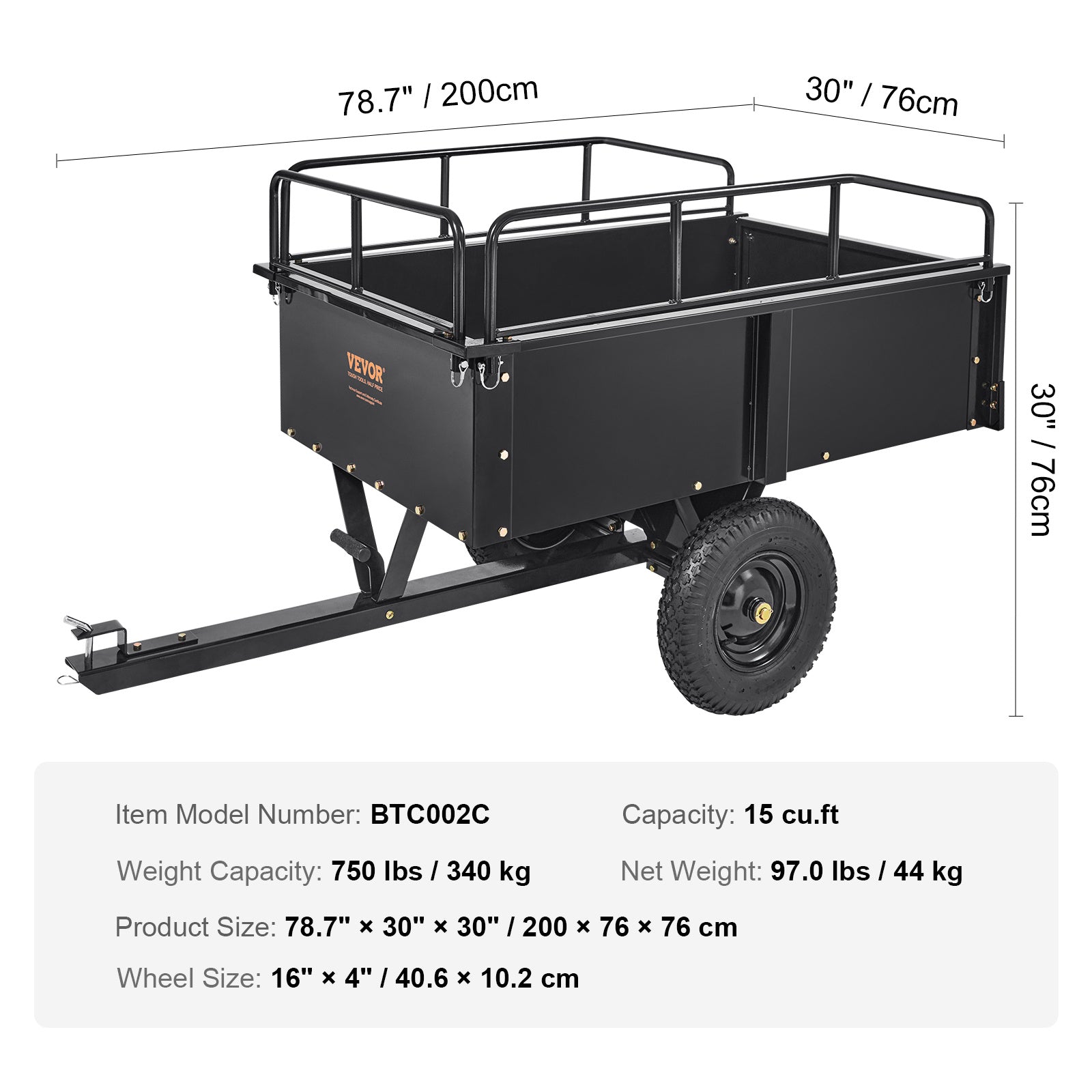 VEVOR Heavy Duty ATV Trailer Steel Dump Cart, 750-Pound 15 Cubic Feet, Garden Utility Trailer With Removable Sides For Riding Lawn Mower Tractor - Outdoor Chilling