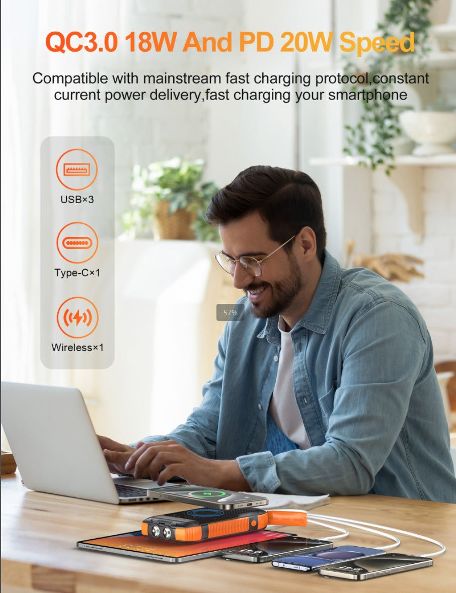 New Product Large Capacity 20000mAh 3 USB C Flashlight Ip67 Waterproof High-speed Wireless Charger Solar Power Bank - Outdoor Chilling
