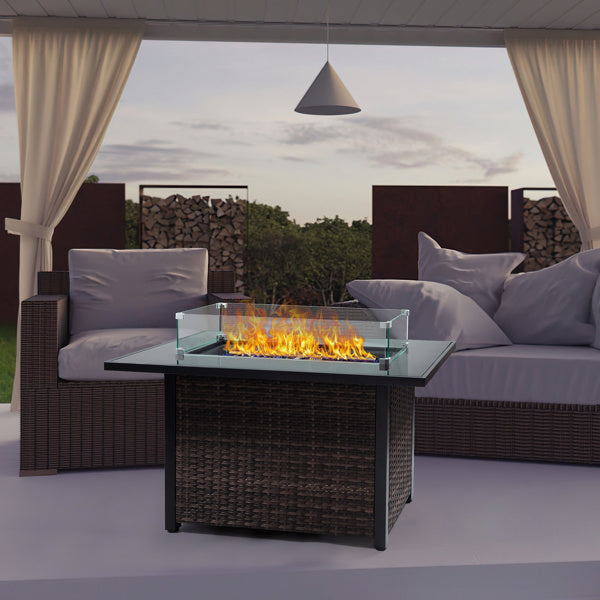 Outdoor Fire Pit 50000 BTU Propane Gas Fire Table With Lid Fireplace With Glass Windproof Willow Base Suitable For Gardens, Terraces, Backyards, 44 Inches - Outdoor Chilling