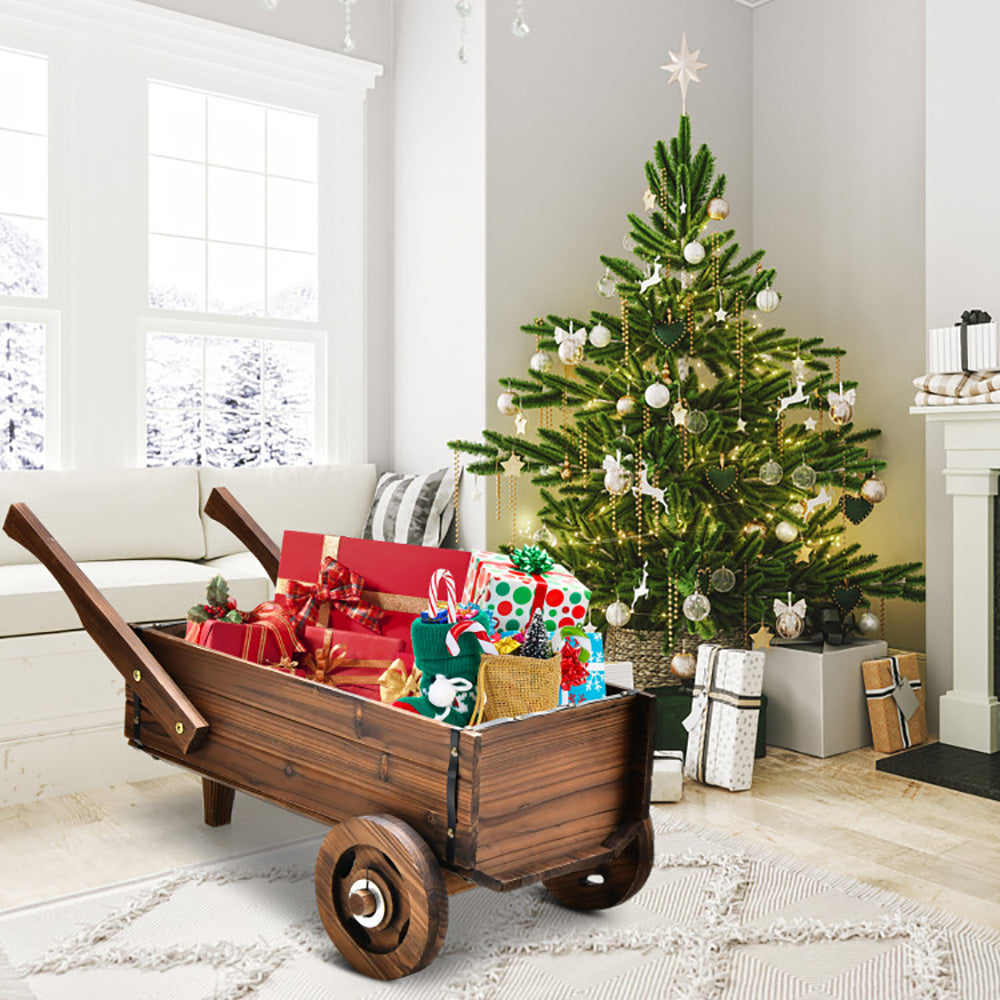 Wooden Wagon Planter Box With Wheels Handles And Drainage Hole - Outdoor Chilling