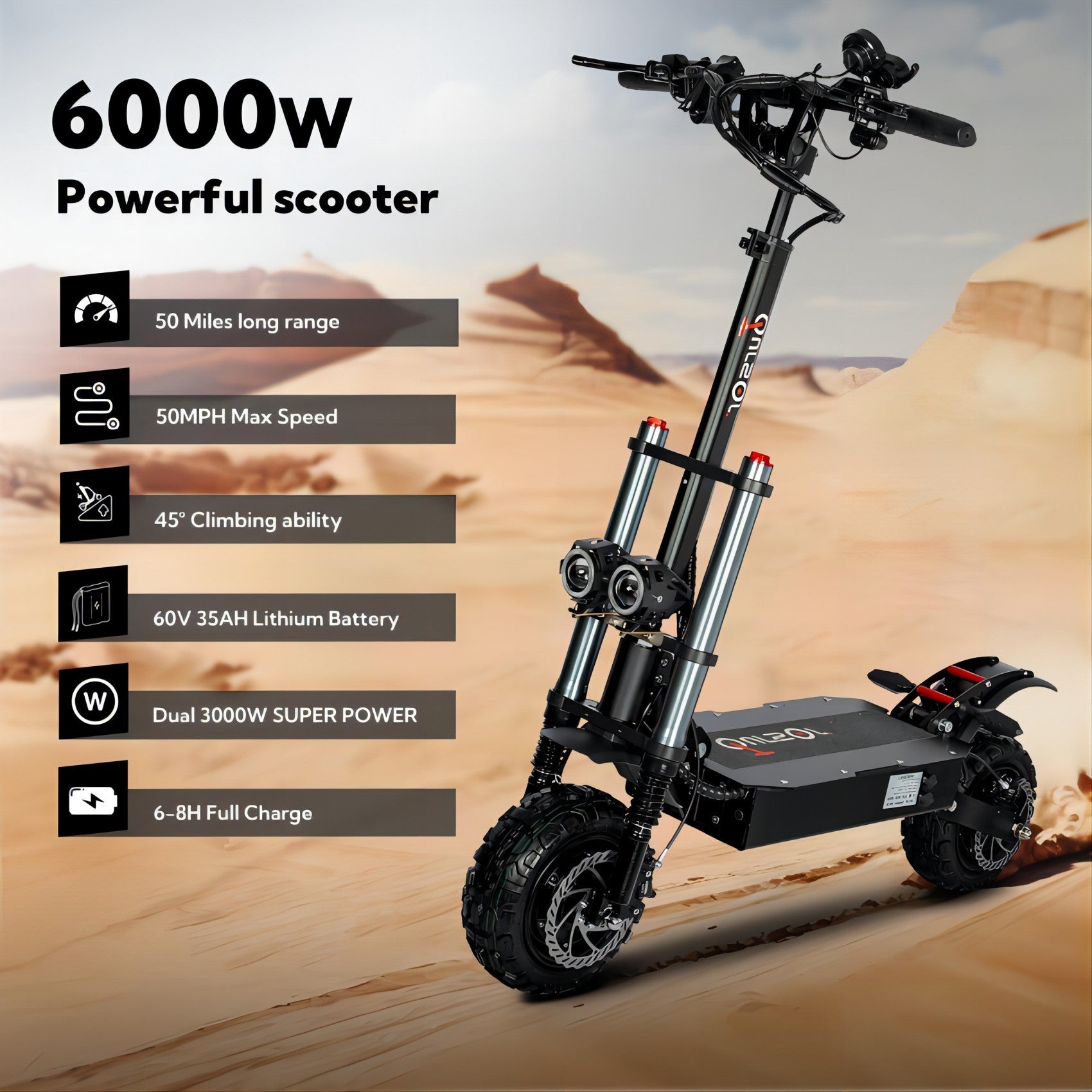 Electric Scooter With Seat, 6000W Power Dual Motor Top Speed 50MPH 60V 35Ah Battery 50 Miles Range, 11 Inch Off-Road Tires For Street Commuting And Limit Offroad - Outdoor Chilling