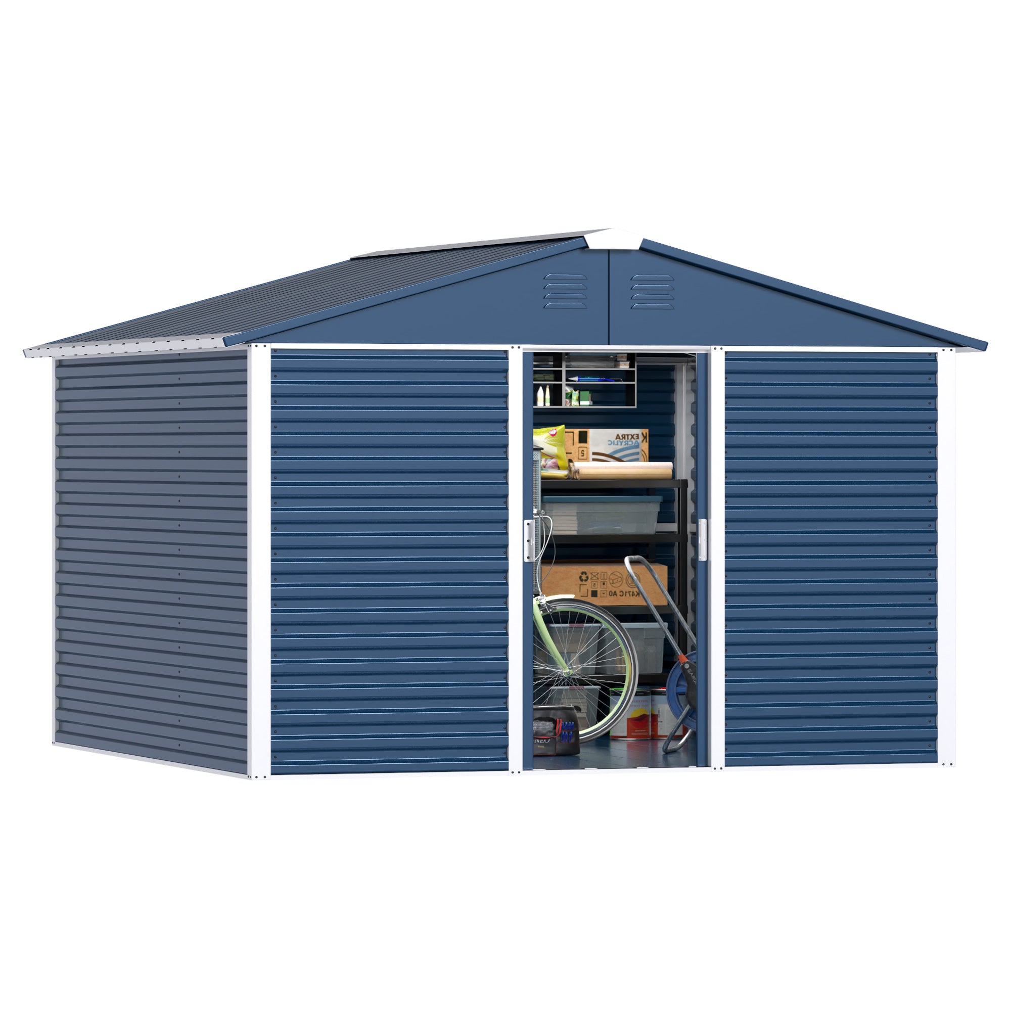 Large-sized Outdoor Metal Shed 10 Ft. W X 10 Ft. D With Sliding Door Sq. Ft. For Garden Patio Lawn, Blue - Outdoor Chilling