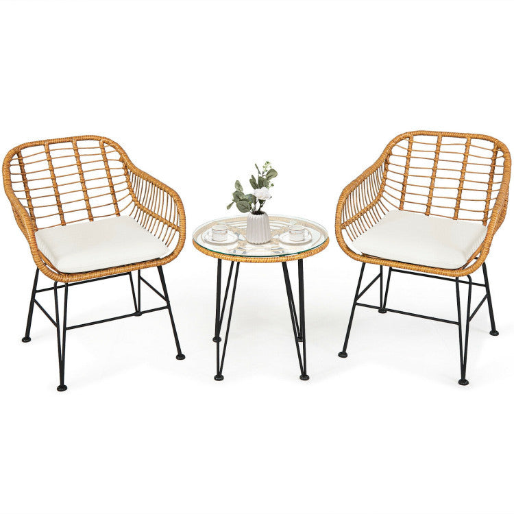 3 Pieces Rattan Furniture Set With Cushioned Chair Table - Outdoor Chilling