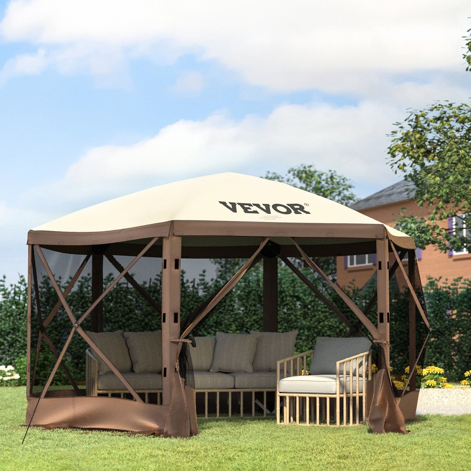VEVOR Camping Gazebo Screen Tent, 6 Sided Pop Up Canopy Shelter Tent With Mesh Windows, Portable Carry Bag, Stakes, Large Shade Tents For Outdoor Camping, Lawn And Backyard, Brown Beige - Outdoor Chilling