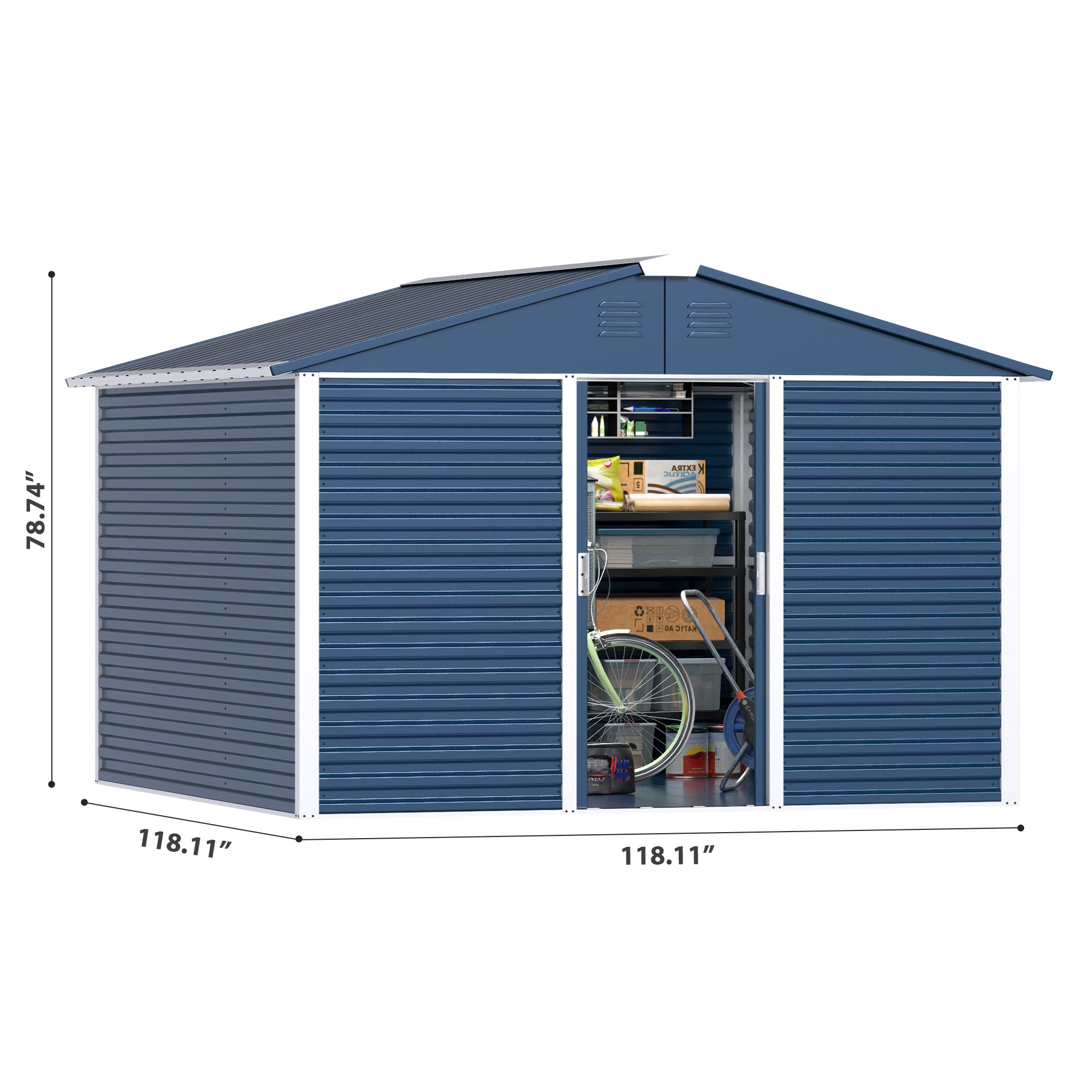 Large-sized Outdoor Metal Shed 10 Ft. W X 10 Ft. D With Sliding Door Sq. Ft. For Garden Patio Lawn, Blue - Outdoor Chilling