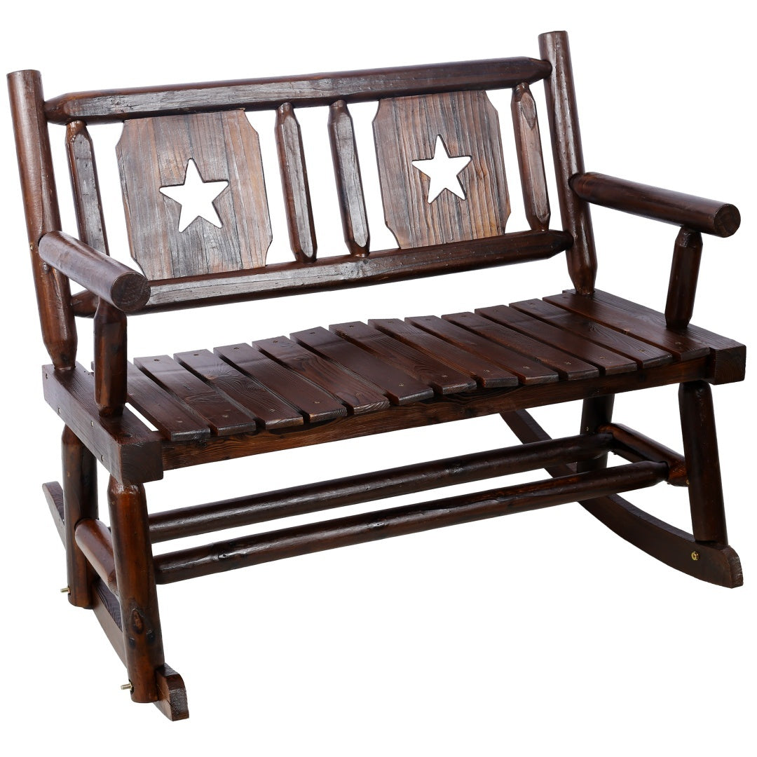 Outdoor Solid Wood Rocking Chair Bench Carbonized Double Rocking Chair For 2 People With Wide Curved Seat For Porch, Garden, Backyard, Rustic Brown - Outdoor Chilling