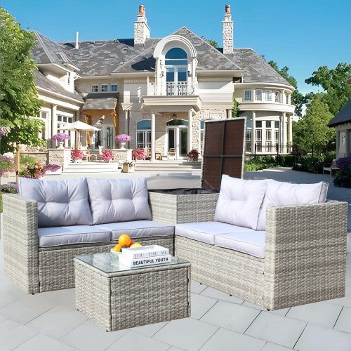 4 Piece Patio Sectional Wicker Rattan Outdoor Furniture Sofa Set With Storage Box Grey - Outdoor Chilling