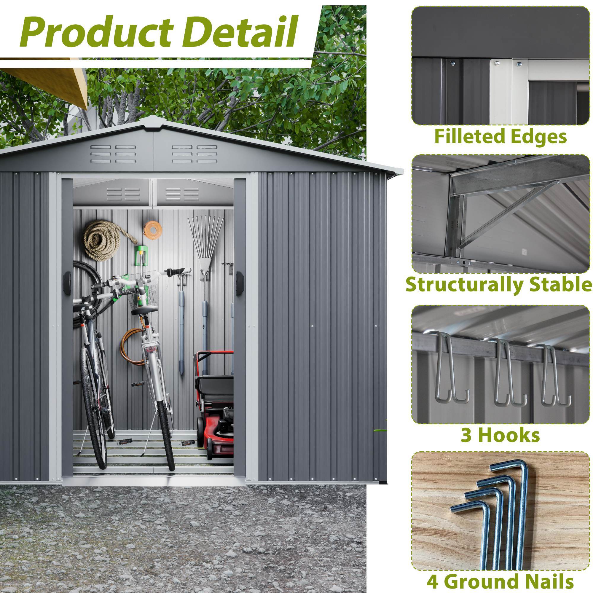 8x6 FT Outdoor Tool Storage Shed With Metal Foundation & Lockable Doors, All Weather Metal Sheds For Garden, Patio, Backyard, Lawn, Gray - Outdoor Chilling