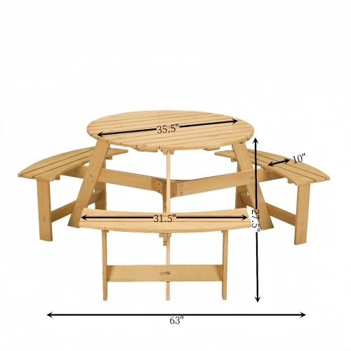 Outdoor 6 Person Picnic Table, 6 Person Round Picnic Table With 3 Built-in Benches, Umbrella Hole, Outside Table And Bench Set For Garden, Backyard, Porch, Patio