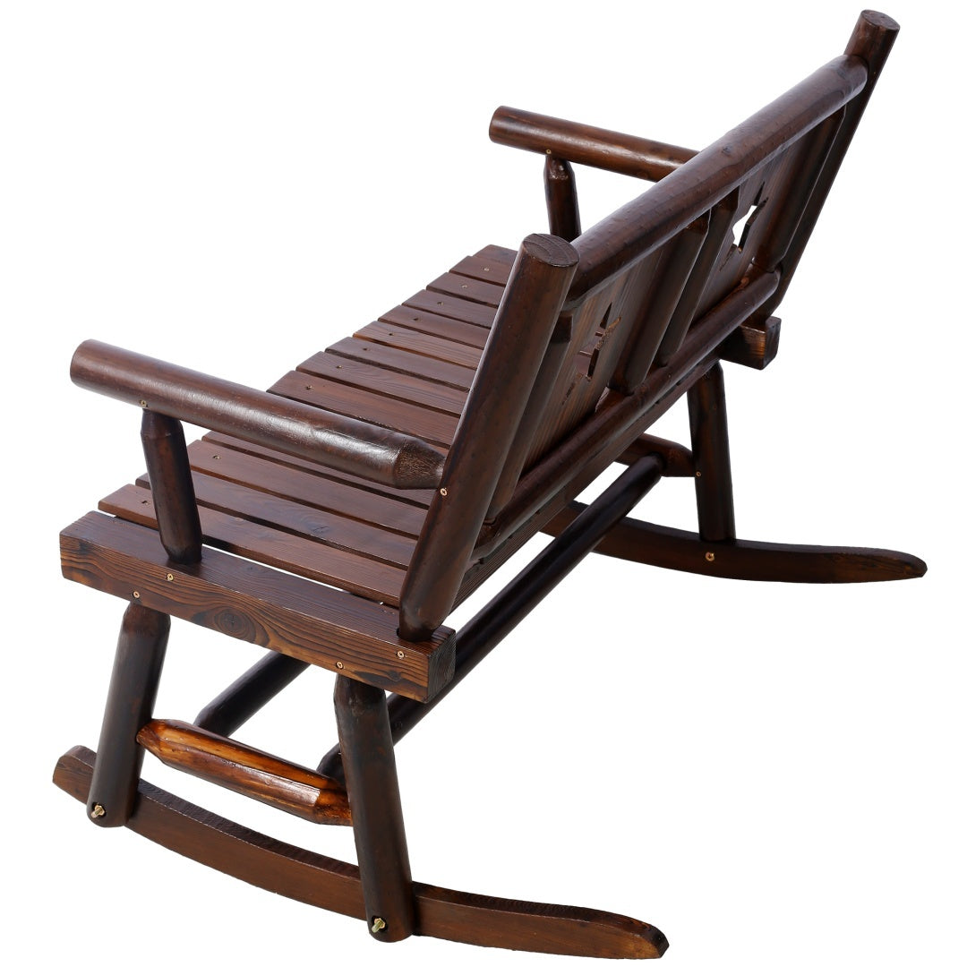 Outdoor Solid Wood Rocking Chair Bench Carbonized Double Rocking Chair For 2 People With Wide Curved Seat For Porch, Garden, Backyard, Rustic Brown - Outdoor Chilling