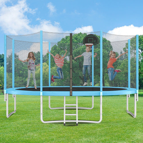 14FT Trampoline For Kids With Safety Enclosure Net, Basketball Hoop And Ladder, Easy Assembly Round Outdoor Recreational Trampoline - Outdoor Chilling