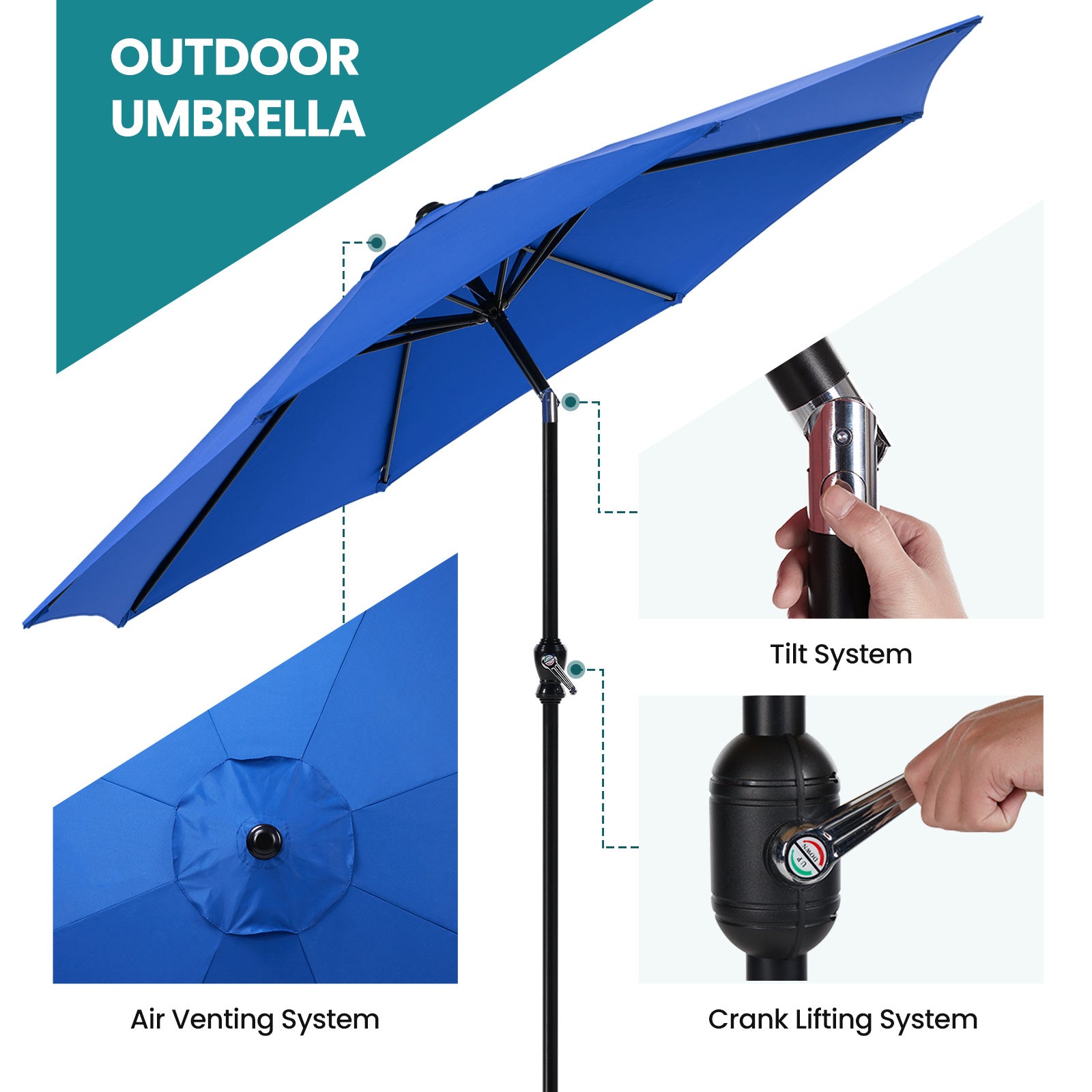 Outdoor Patio Umbrella With Push Button Tilt And Crank, Market Umbrella 8 Sturdy Ribs UV Protection Waterproof For Garden, Backyard, Red - Outdoor Chilling
