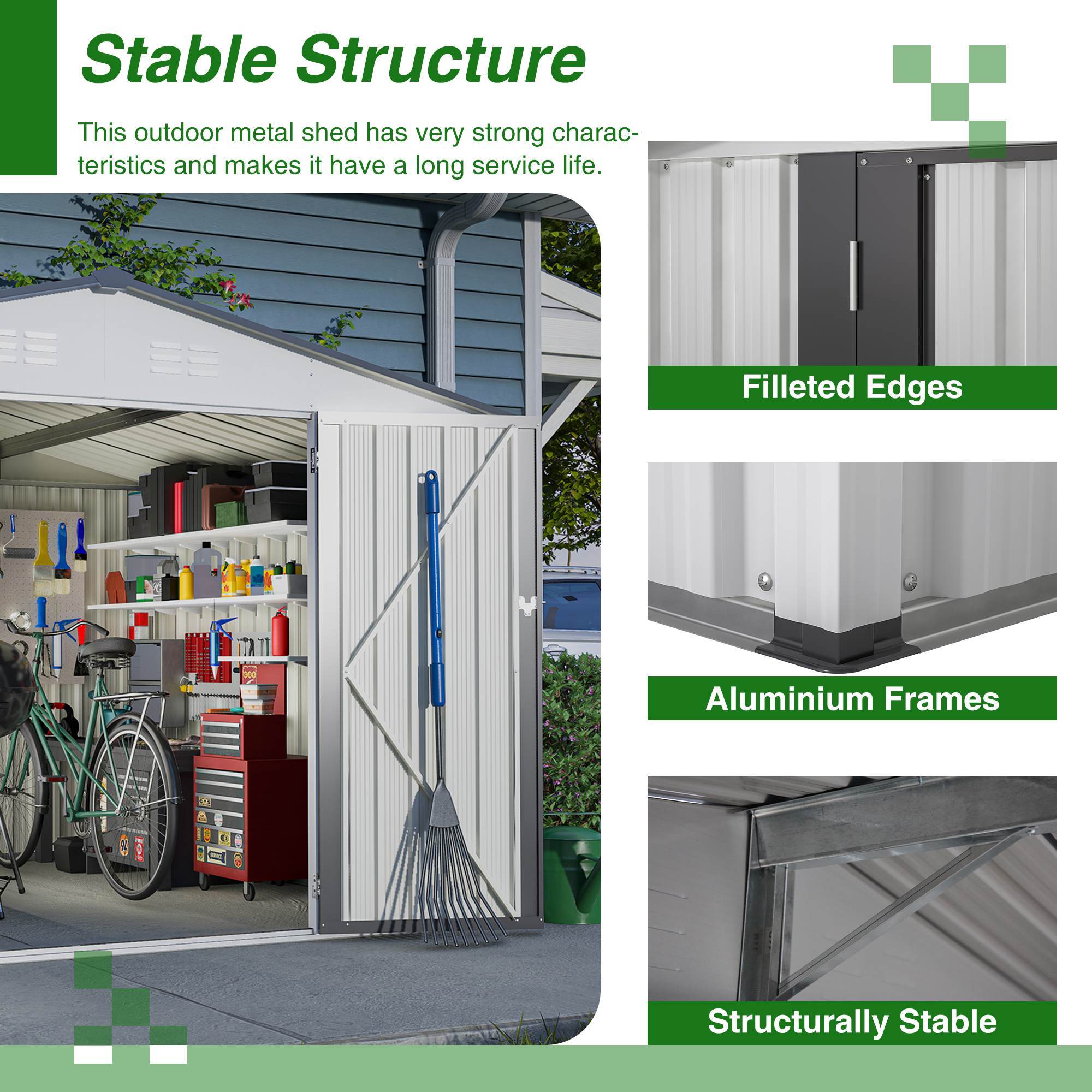 10X8 FT Outdoor Storage Shed, All Weather Metal Sheds With Lockable Doors, Tool Shed For Garden, Patio, Backyard, Lawn, White