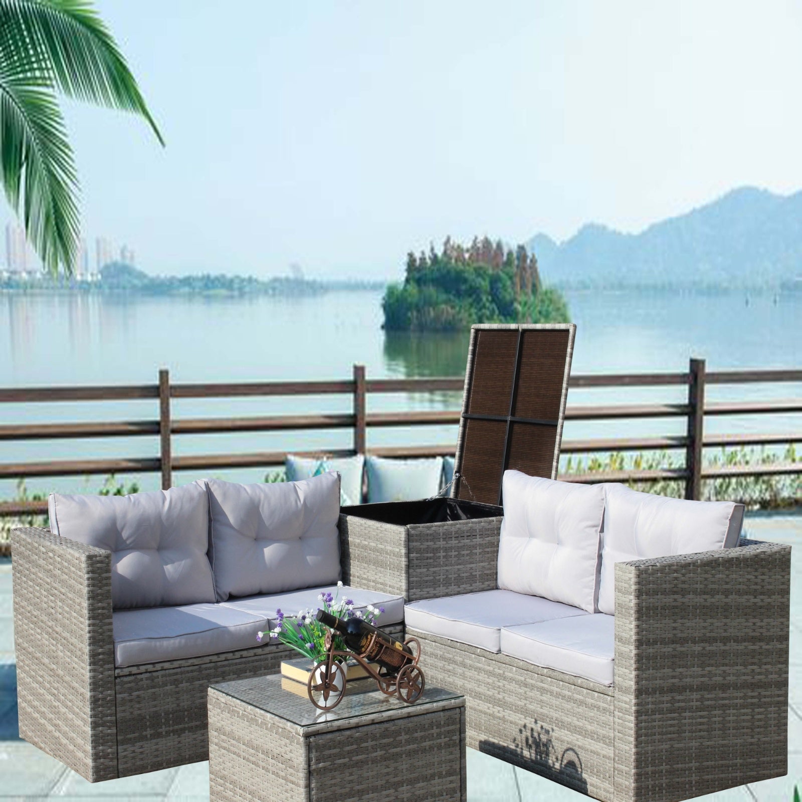 4Pc Patio Sectional Wicker Rattan Sofa Set W/Storage Box Grey - Outdoor Chilling