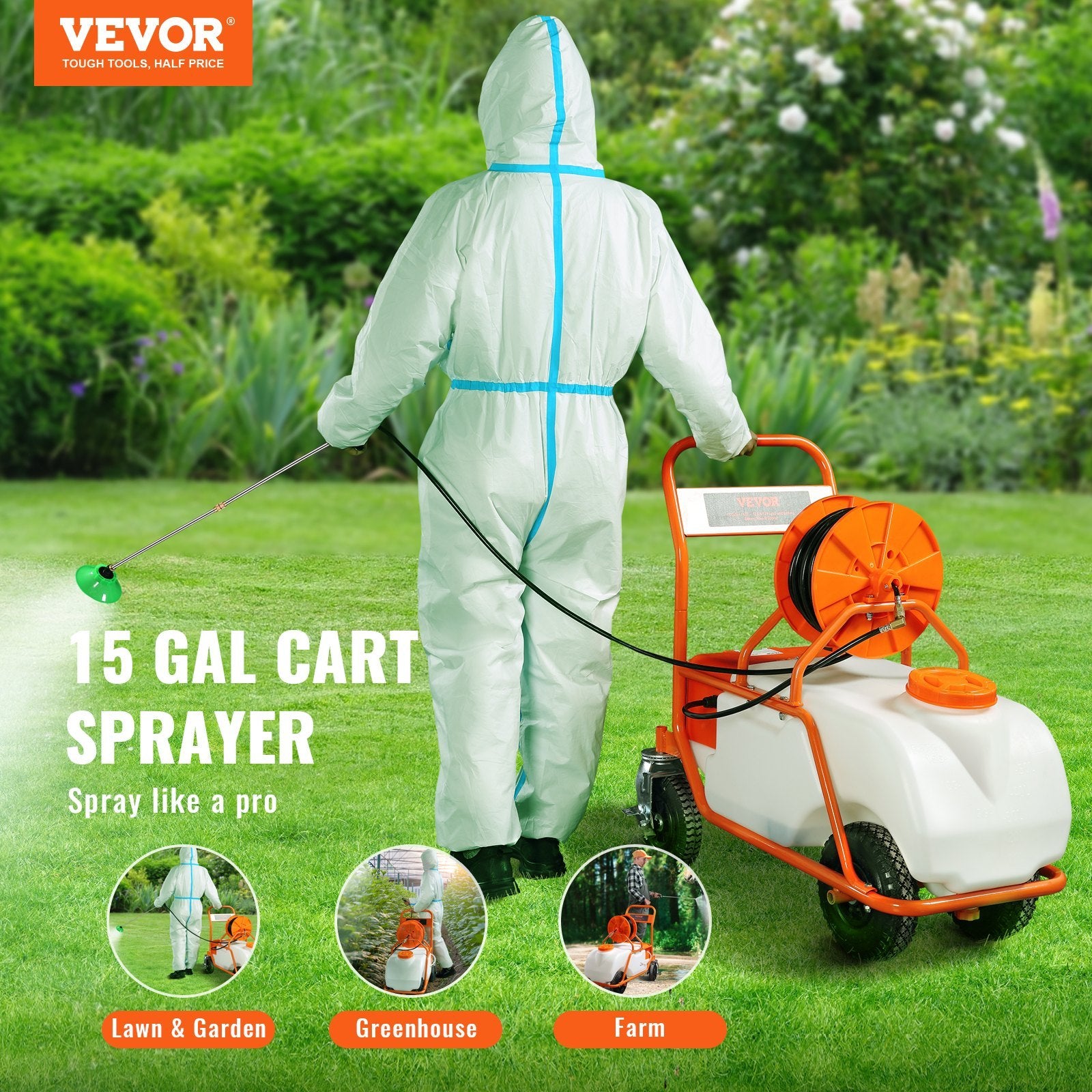 VEVOR Battery Powered Lawn Sprayer On Wheel, 0-90 PSI Adjustable Pressure, 15 Gallon Tank, Cart Sprayer With 8 Nozzles And 2 Wands, 12V 12Ah Battery, Wide Mouth Lid For Weeding, Spraying - Outdoor Chilling