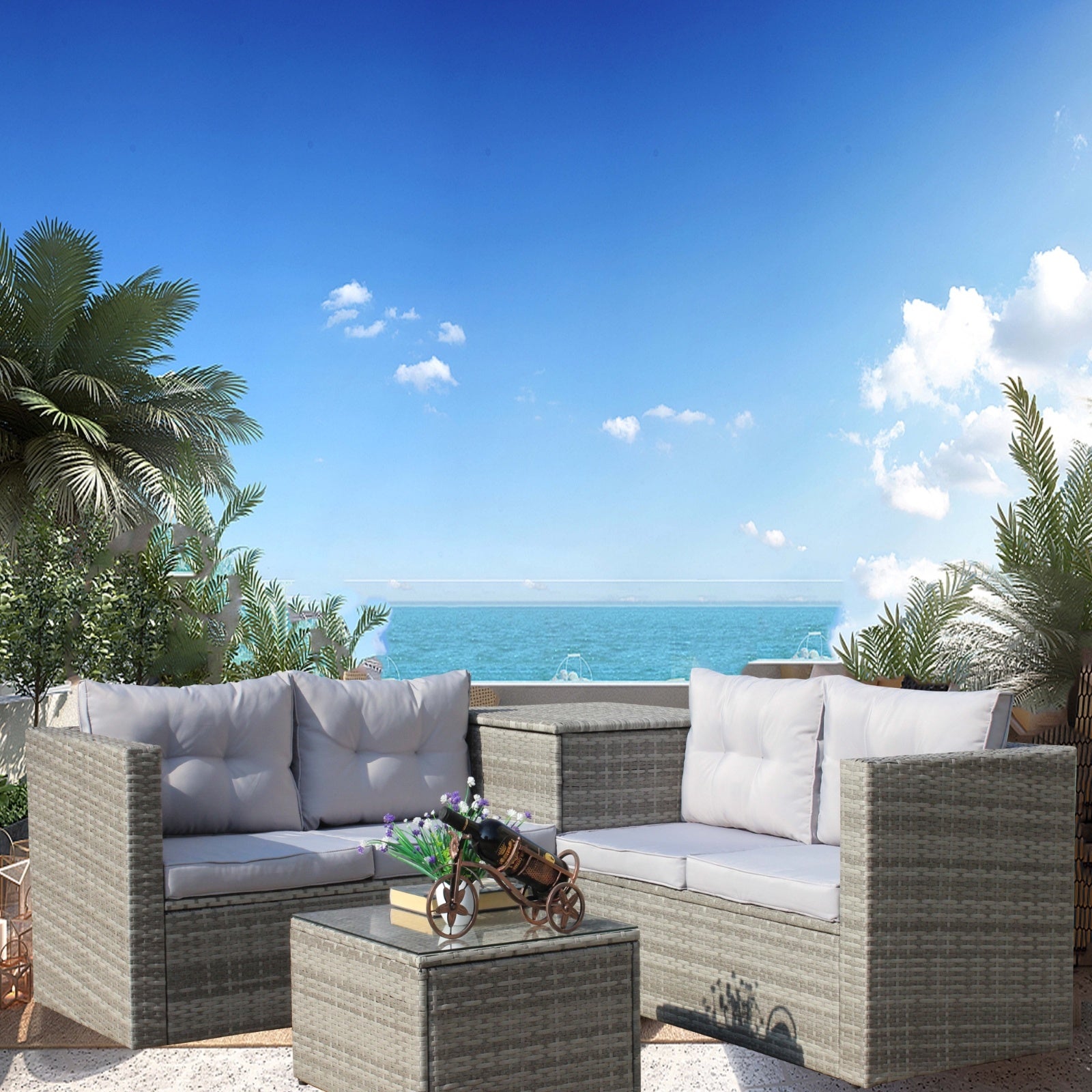 4Pc Patio Sectional Wicker Rattan Sofa Set W/Storage Box Grey - Outdoor Chilling