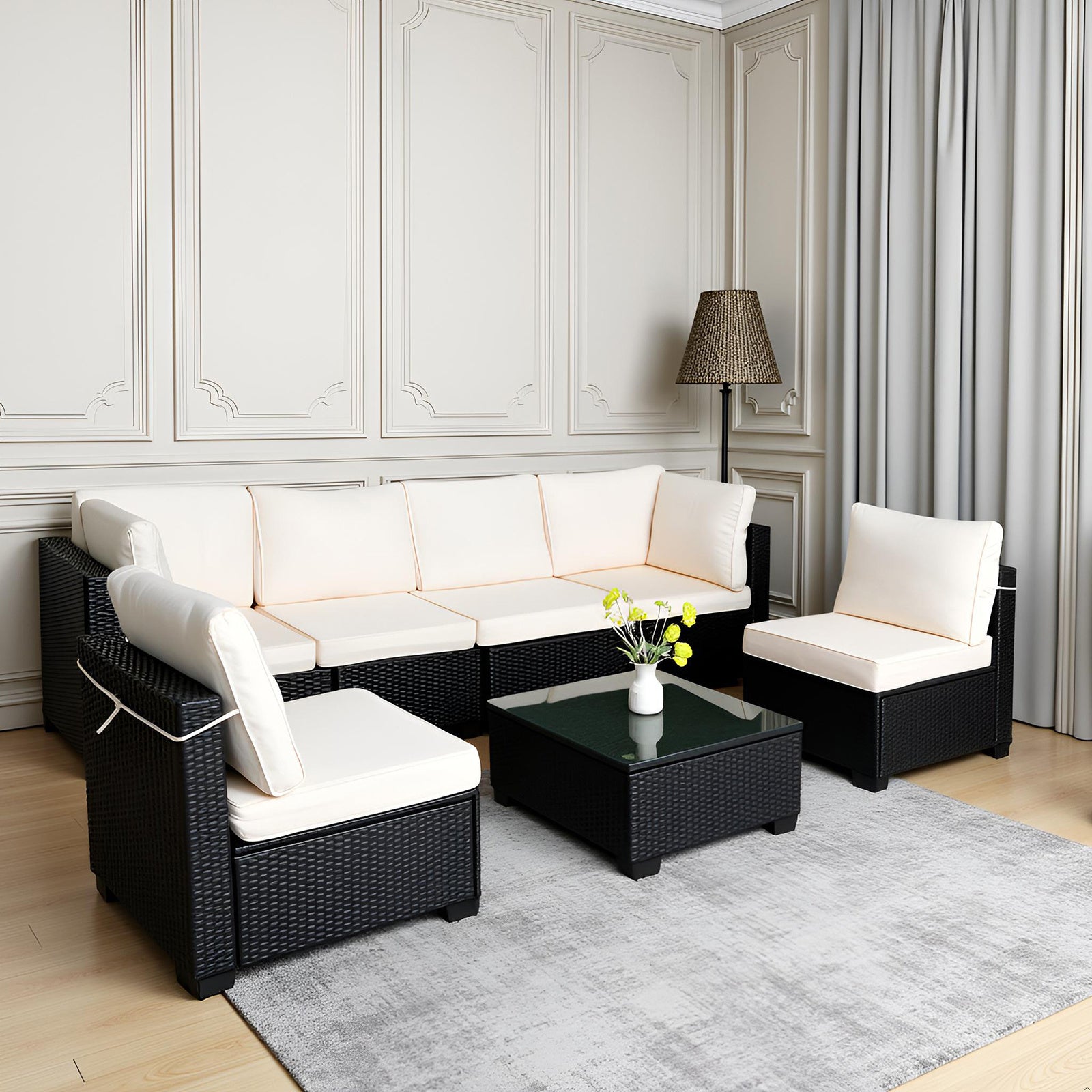 Hot Selling Seven-Piece Sofa Set Table With Sofa Chair Black PE Rattan Outdoor New Design Furniture 7-JH002 Box 3-1-2-3 With White Color Cushion - Outdoor Chilling