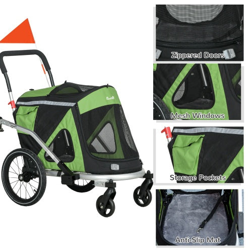 Aosom 2 In 1 Bike Trailer, Foldable Dog Bike Stroller With Aluminum Frame, Quick Release Wheels, Safety Leash, Anti-Slip Mat, Hitch Coupler, Reflectors, Flag For Medium Dogs, Green - Outdoor Chilling