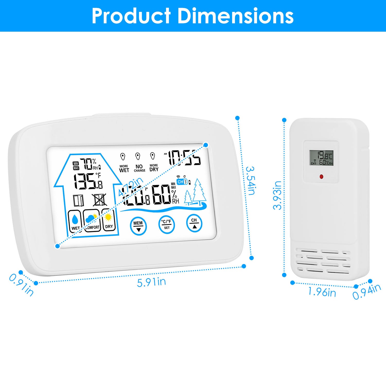 1Pc Wireless Weather Station With Clock 196FT Range Indoor Outdoor Thermometer Sensor Temperature And Humidity Monitor Humidity Forecast Battery Powered Backlight Display - Outdoor Chilling