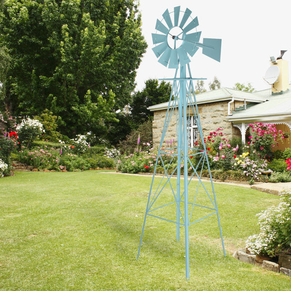 8ft Light Blue Ribbon Wind Vane, 4-pod Standing Iron Windmill - Outdoor Chilling