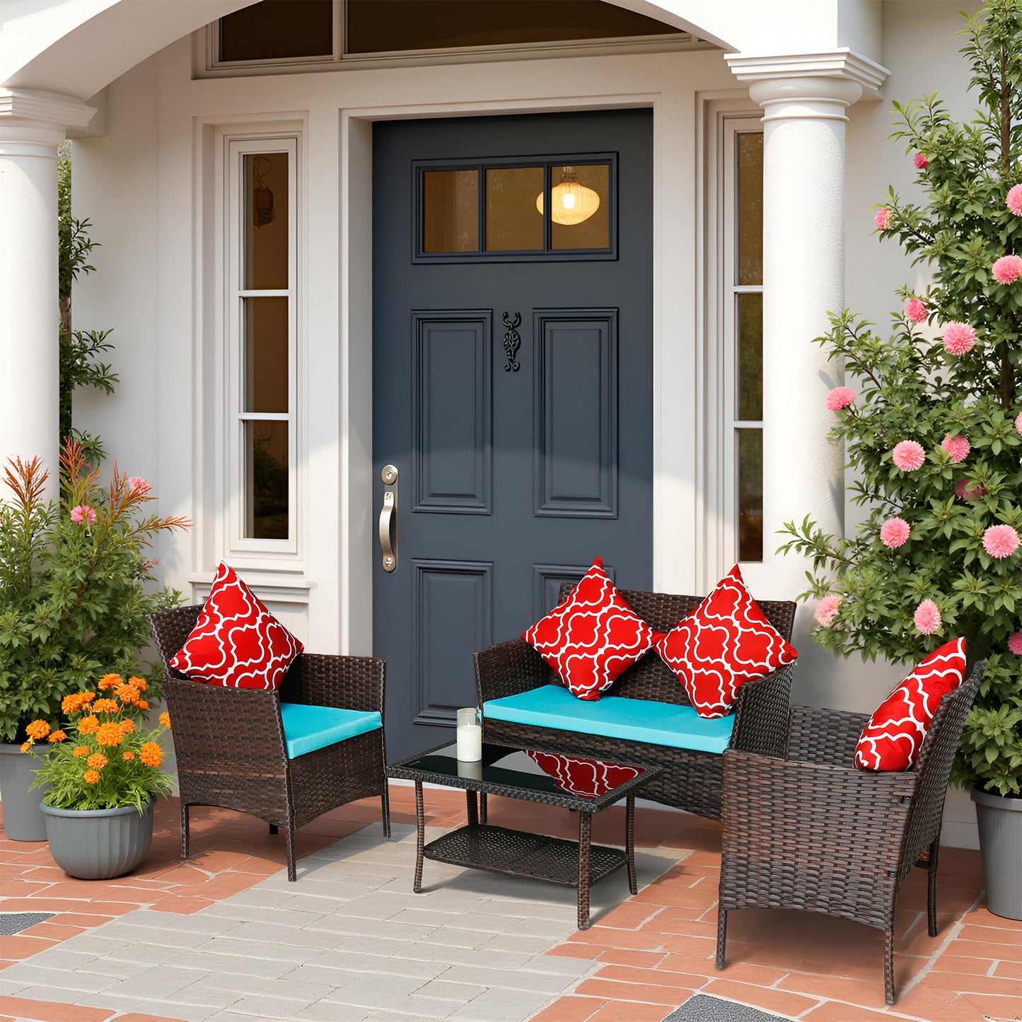 New Design High Quality Four-Piece Sofa Set Table With Sofa Chair PE Rattan Outdoor Furniture W3152P269438 Box 1 With Emerald Green Color Cushion