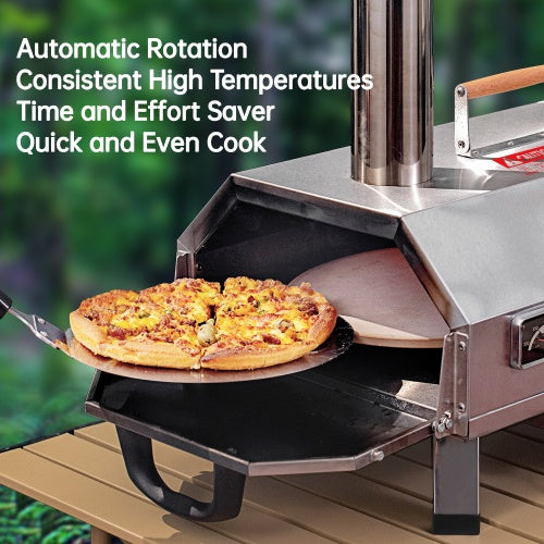 Stainless Steel Pizza Oven Outdoor 12 Automatic Rotatable Pizza Ovens,Portable Wood Fired Pizza Oven Pizza Maker With Timer, Built-in Thermometer,Pizza Cutter - Outdoor Chilling