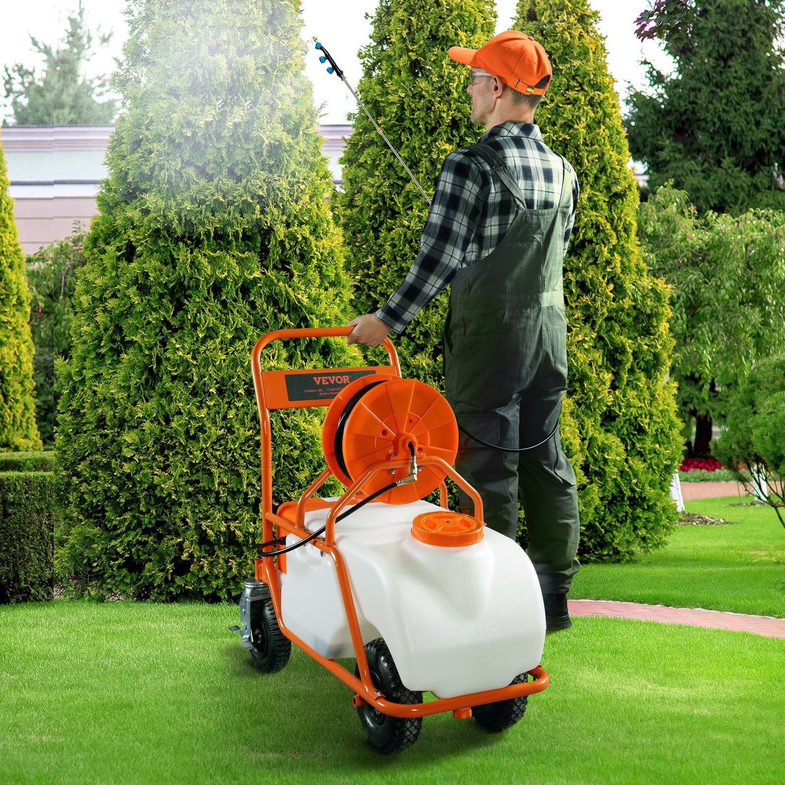 VEVOR Battery Powered Lawn Sprayer On Wheel, 0-90 PSI Adjustable Pressure, 15 Gallon Tank, Cart Sprayer With 8 Nozzles And 2 Wands, 12V 12Ah Battery, Wide Mouth Lid For Weeding, Spraying - Outdoor Chilling