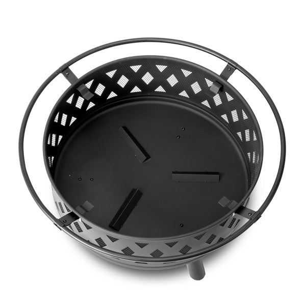 32in Round Shape With Lifting Ring, Mesh Lid, Diamond Holes, Wood-burning Brazier, Wrought Iron, Black - Outdoor Chilling