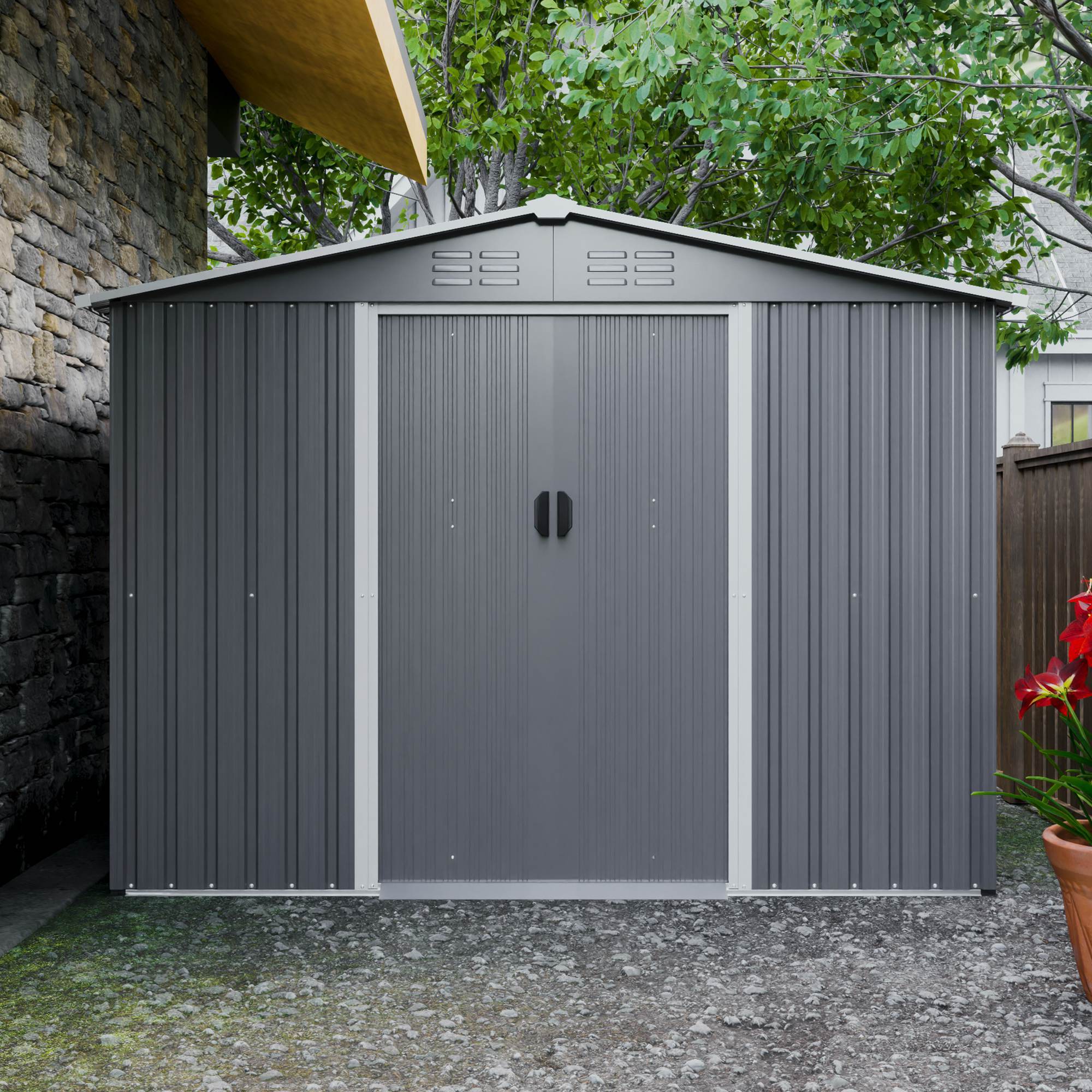 8x6 FT Outdoor Tool Storage Shed With Metal Foundation & Lockable Doors, All Weather Metal Sheds For Garden, Patio, Backyard, Lawn, Gray - Outdoor Chilling