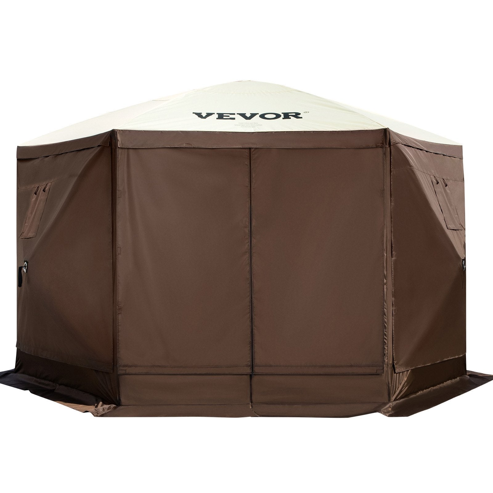 VEVOR Camping Gazebo Screen Tent, 6 Sided Pop Up Canopy Shelter Tent With Mesh Windows, Portable Carry Bag, Stakes, Large Shade Tents For Outdoor Camping, Lawn And Backyard, Brown Beige - Outdoor Chilling