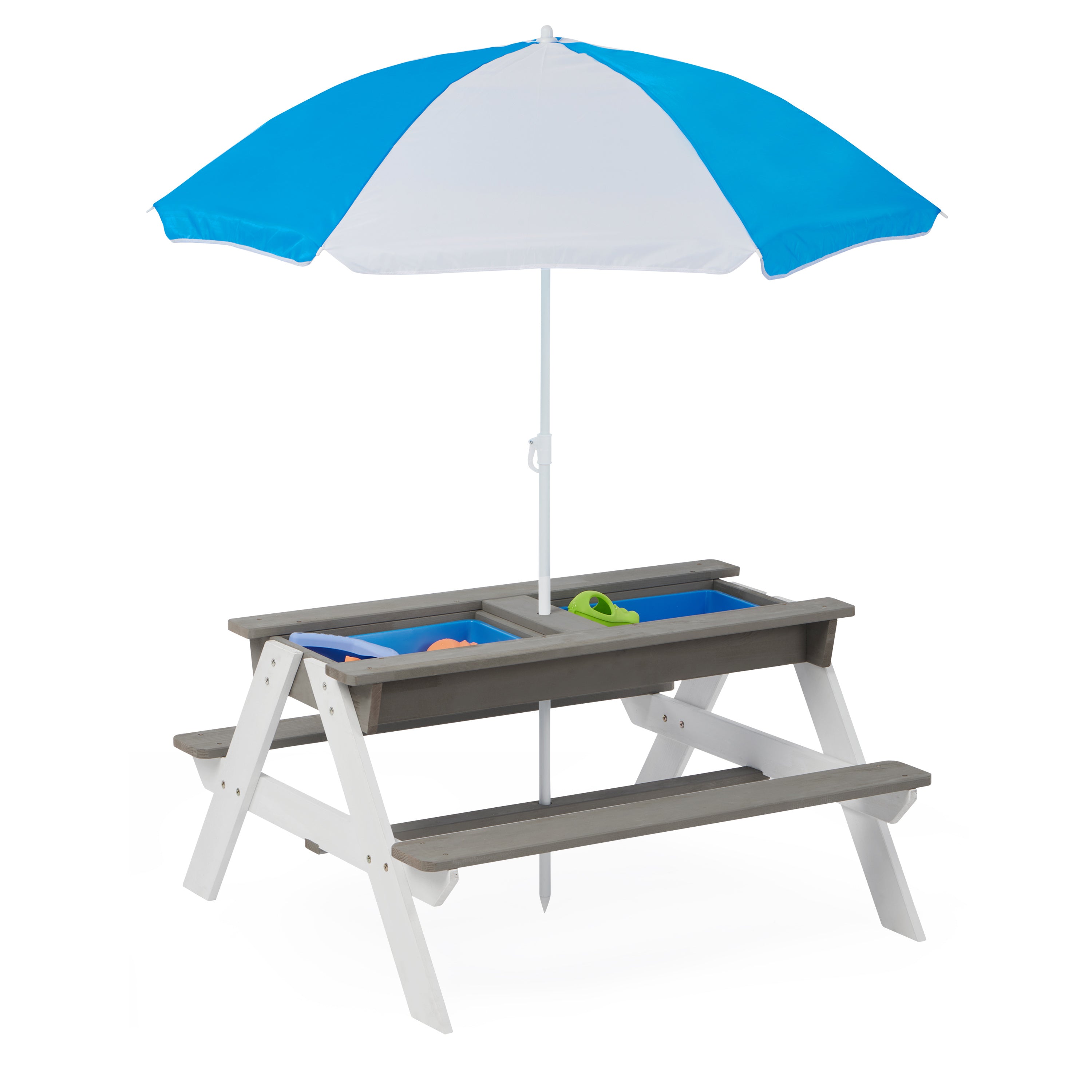 3-in-1 Children's Outdoor Wooden Picnic Table With Umbrella, Convertible Sand And Water, And 7 Plastic Toys - Outdoor Chilling