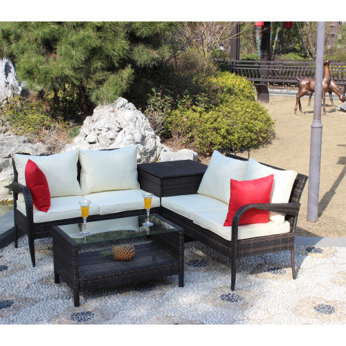 4 Piece Patio Sectional Wicker Rattan Outdoor Furniture Sofa Set With Storage Box Brown - Outdoor Chilling