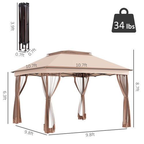 Pop-up Awning, Outdoor Patio Gazebo Shelter With Detachable Zipper Net, Instant Event Tent With 114 Square Feet Of Shade And Backyard, Garden, Khaki Carrying Bag - Outdoor Chilling
