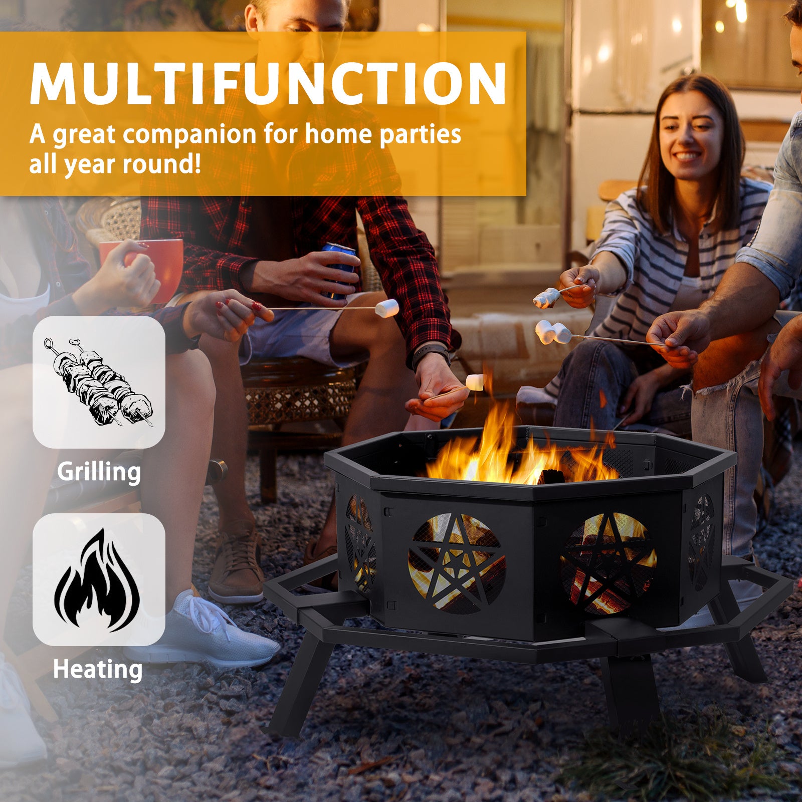 35in Octagonal Sheet With Foot Pedal Pentagram Wood Brazier Wrought Iron Black - Outdoor Chilling