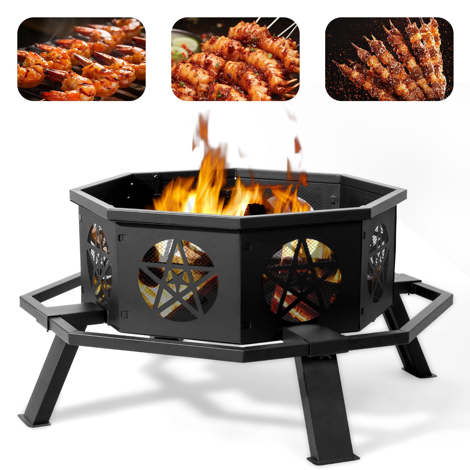 35in Octagonal Sheet With Foot Pedal Pentagram Wood Brazier Wrought Iron Black - Outdoor Chilling