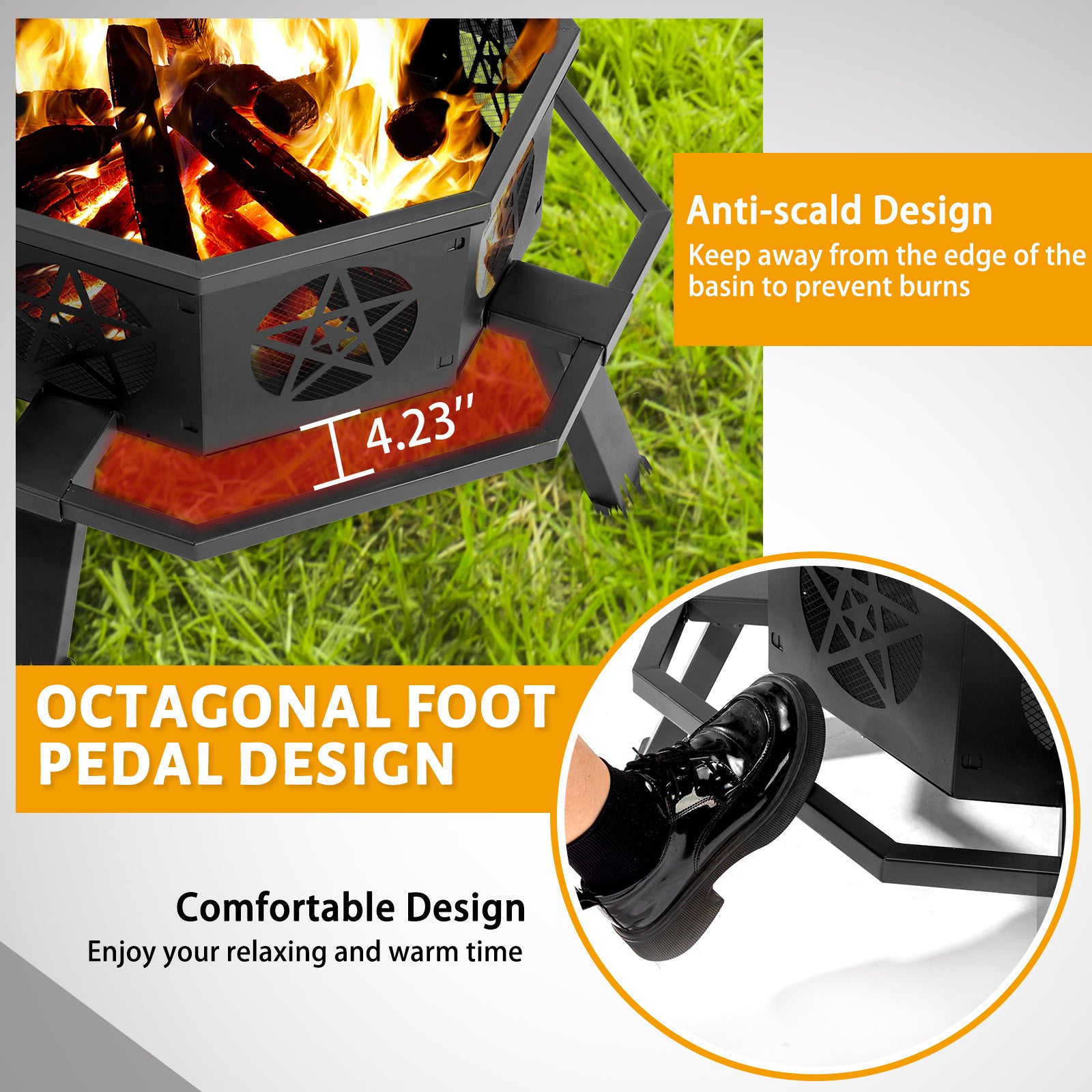 35in Octagonal Sheet With Foot Pedal Pentagram Wood Brazier Wrought Iron Black - Outdoor Chilling