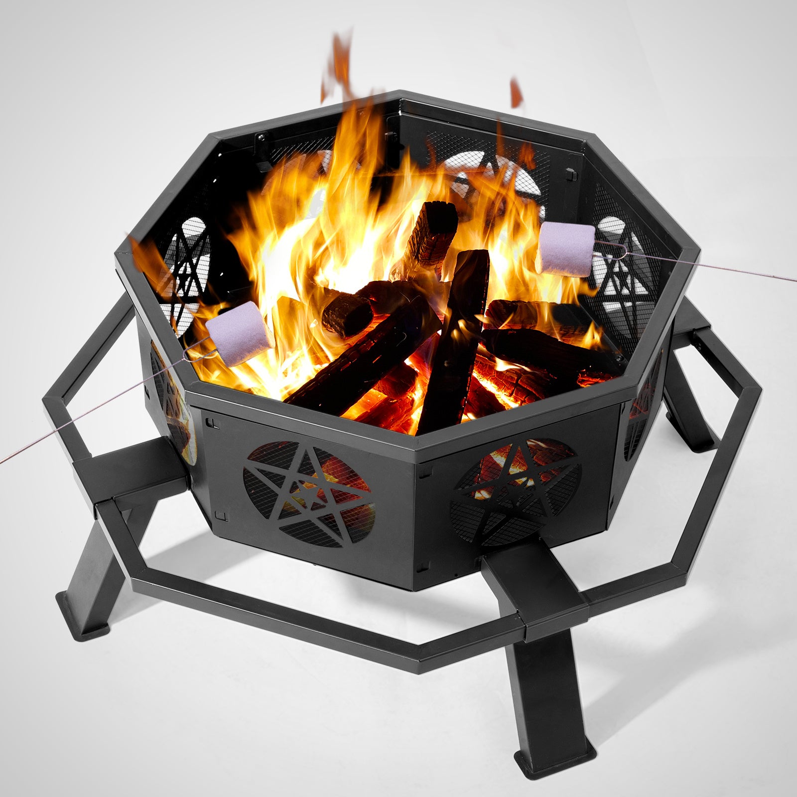 35in Octagonal Sheet With Foot Pedal Pentagram Wood Brazier Wrought Iron Black - Outdoor Chilling