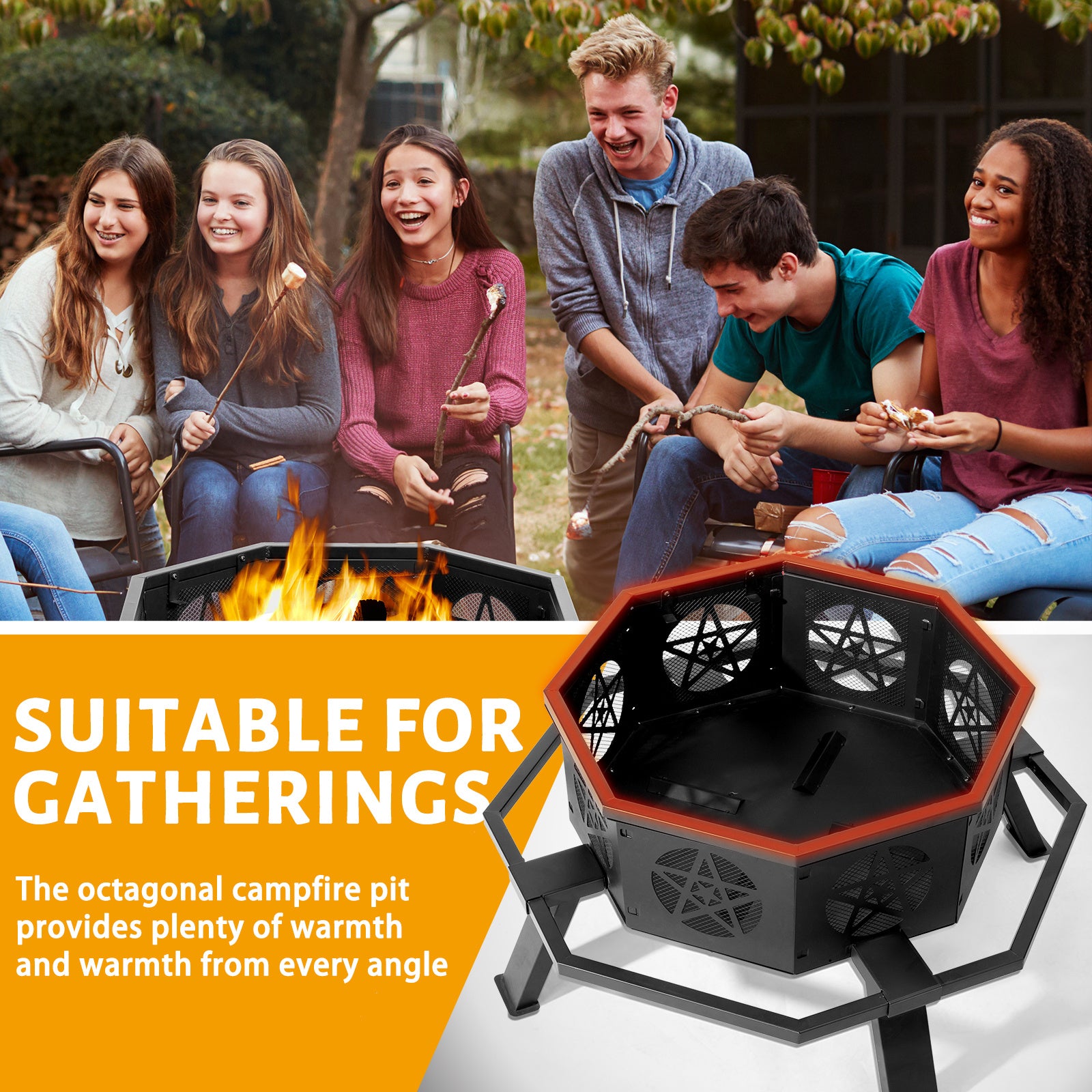 35in Octagonal Sheet With Foot Pedal Pentagram Wood Brazier Wrought Iron Black - Outdoor Chilling