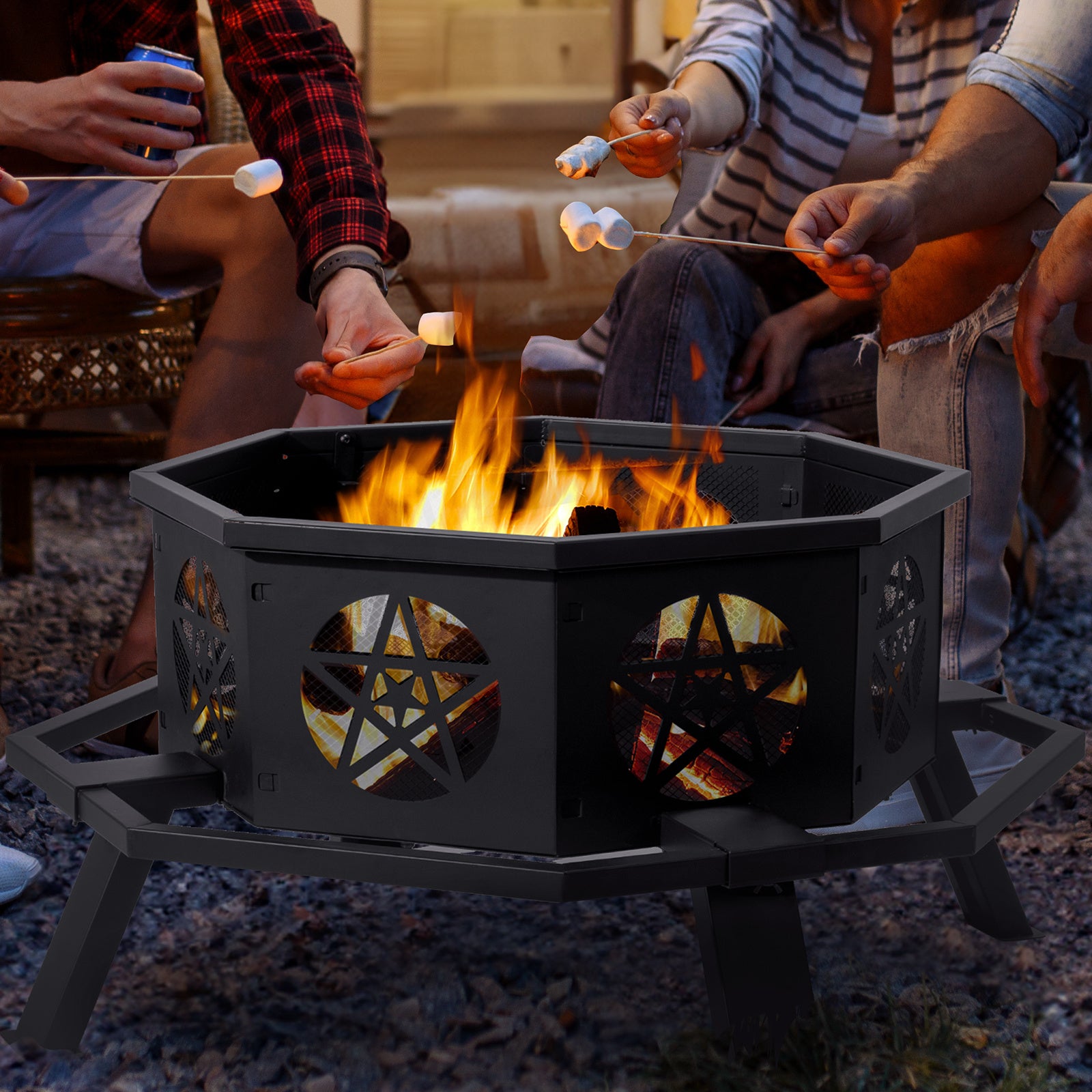 35in Octagonal Sheet With Foot Pedal Pentagram Wood Brazier Wrought Iron Black - Outdoor Chilling