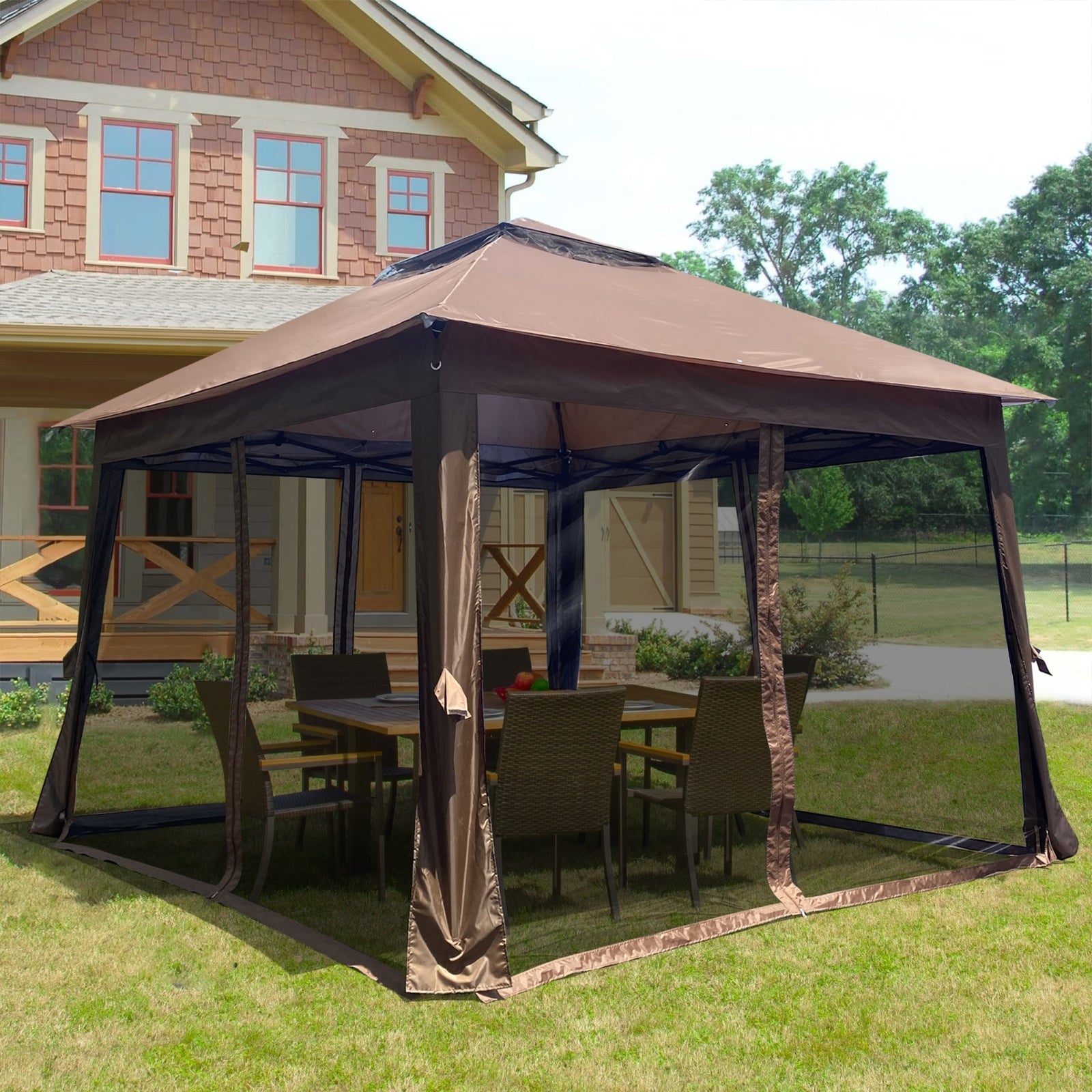 Outdoor 11x11 Ft Up Gazebo Canopy With Zipper Netting, 2-Tier Soft Top Tent - Outdoor Chilling