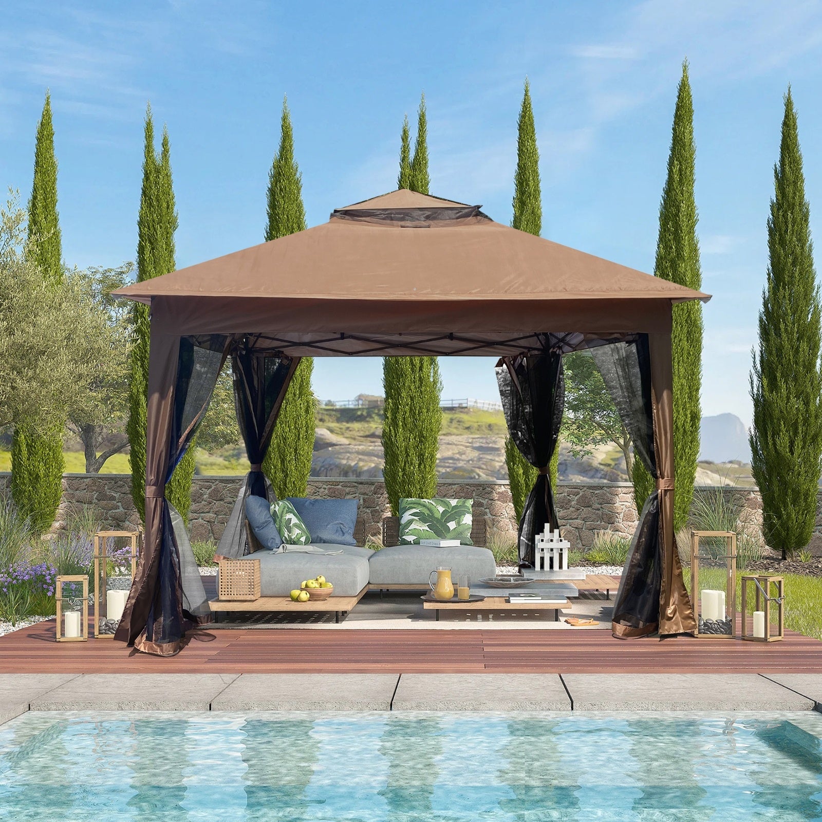 Outdoor 11x11 Ft Up Gazebo Canopy With Zipper Netting, 2-Tier Soft Top Tent - Outdoor Chilling